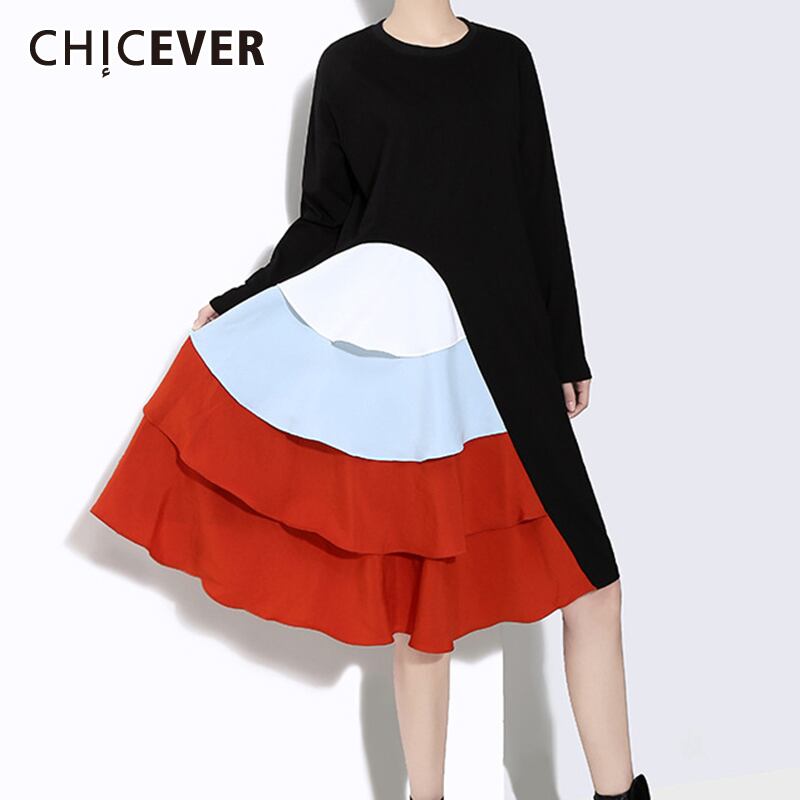 CHICEVERパッチワークドレス女性Oネック長袖フリルヒットカラー特大ルーズ膝丈ドレス2020 ロング ラッフル 6base57080235435