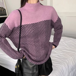 ハイネック ニット セーター レディース 秋冬 韓国 トップス おしゃれ 大人 かわいい きれいめ 配色 フェミニン 大人可愛い 大人女子