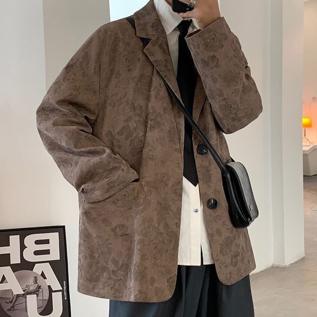 【予約販売】テーラードジャケット 花柄 コーデュロイ アウター ジャケット メンズ ブラウン グレー カジュアル こなれ感 お洒落 韓国トレンド 大きいサイズ 春 秋 冬 M/L/XL/2XL/3XL