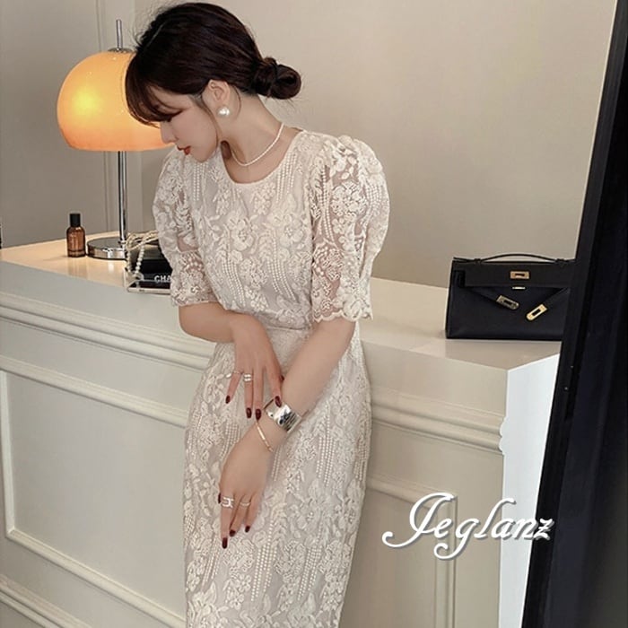 総レース ワンピース ドレス レーシー 共ベルト タイト 5分袖 エターナル (M6421)ε