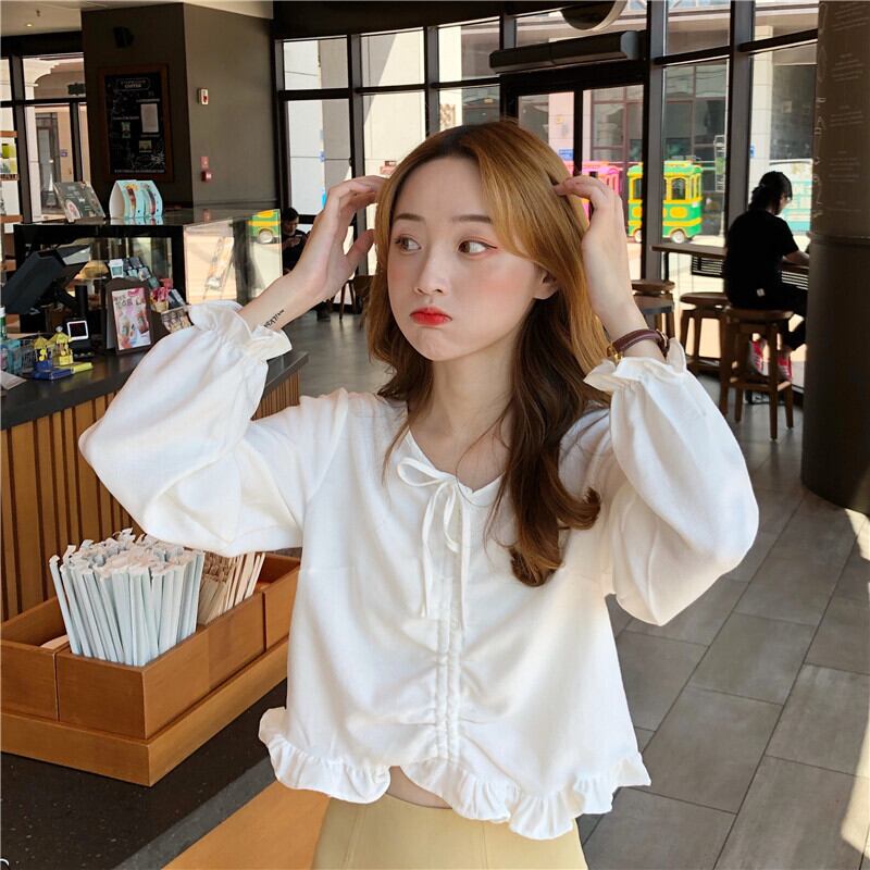 オータムVネックシャツ スタイルギャザーショートスリーブトップス 大人ガーリー スウィート キュート カジュアル 秋物 萌量不足38426773347