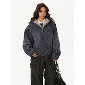 【暖かさUP】青いヒョウ柄 中綿ジャケット T1931