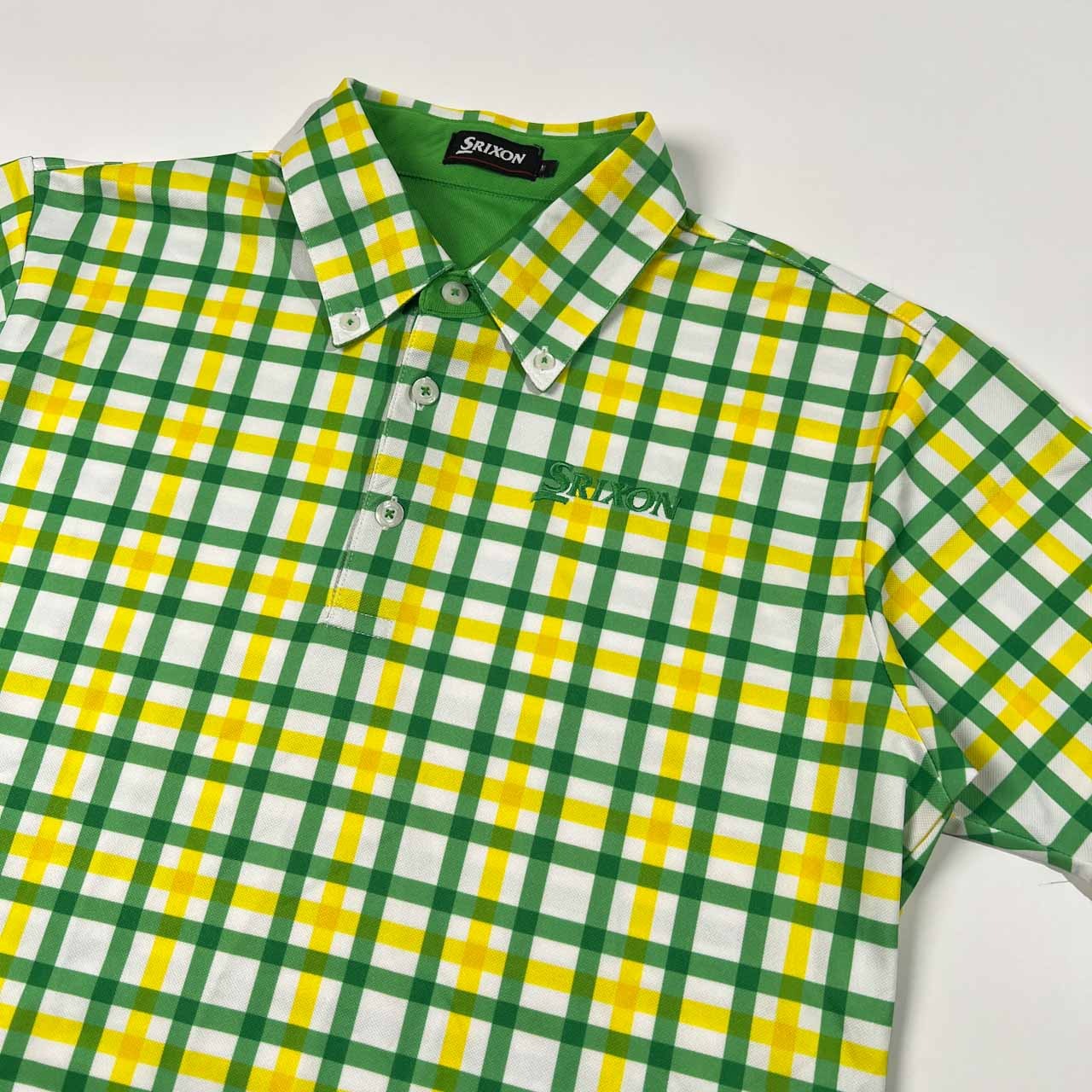 SRIXON スリクソン チェック柄 BD 半袖 ドライ ポロシャツ サイズ M /メンズ/ゴルフ/グリーン×イエロー×ホワイト