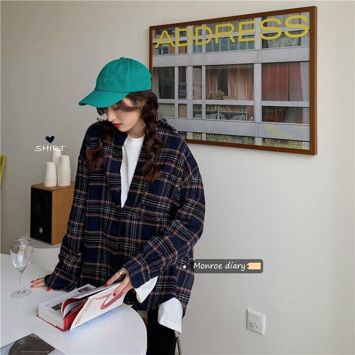 トップス ルーズ格子柄シャツ オータムウィンタージャケット ロング 秋物 冬物 モンロー30297429544