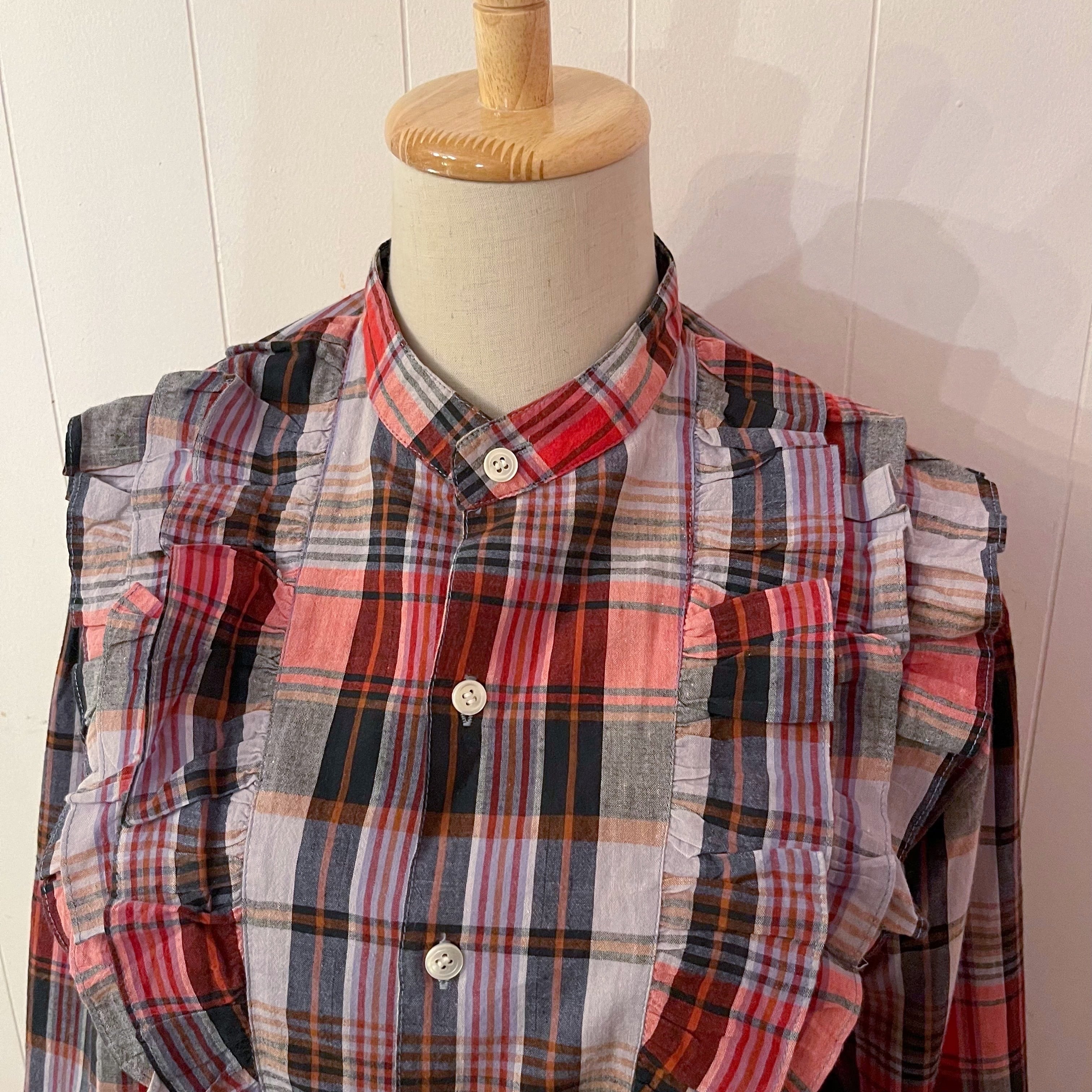 red black check frill blouse