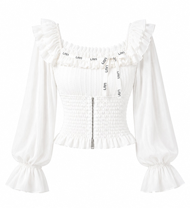 Lumignon Lmn ribbon shirring blouse ホワイト ファッション | Lumignon