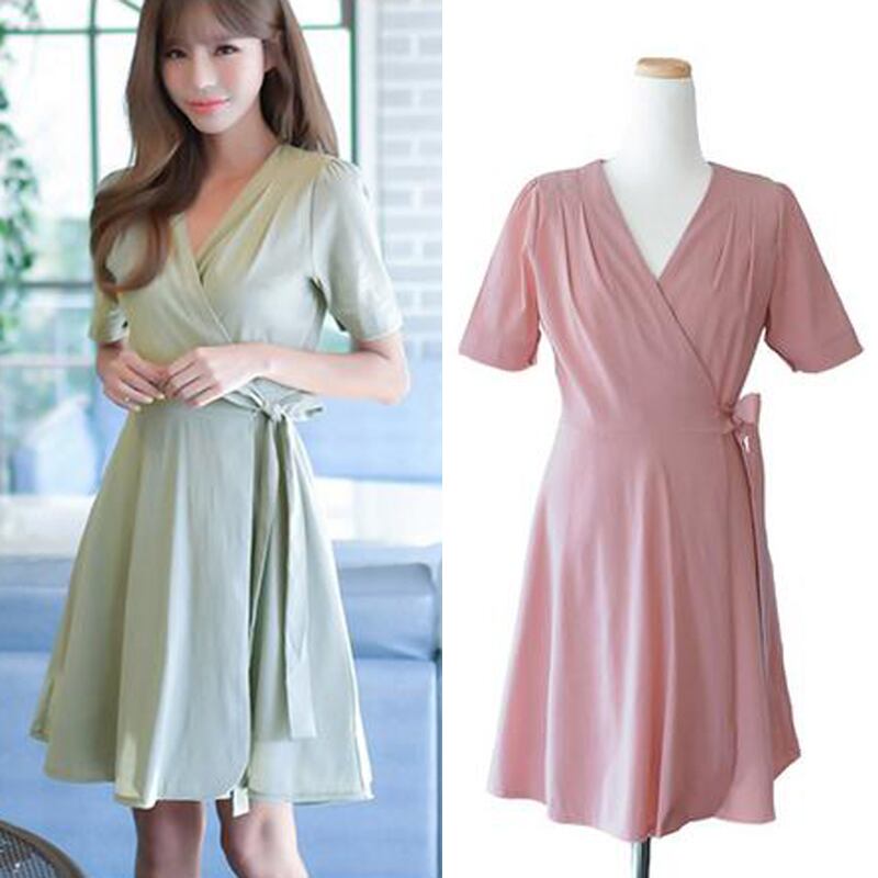 Vネック ラップ 半袖 無地 フレア ワンピース