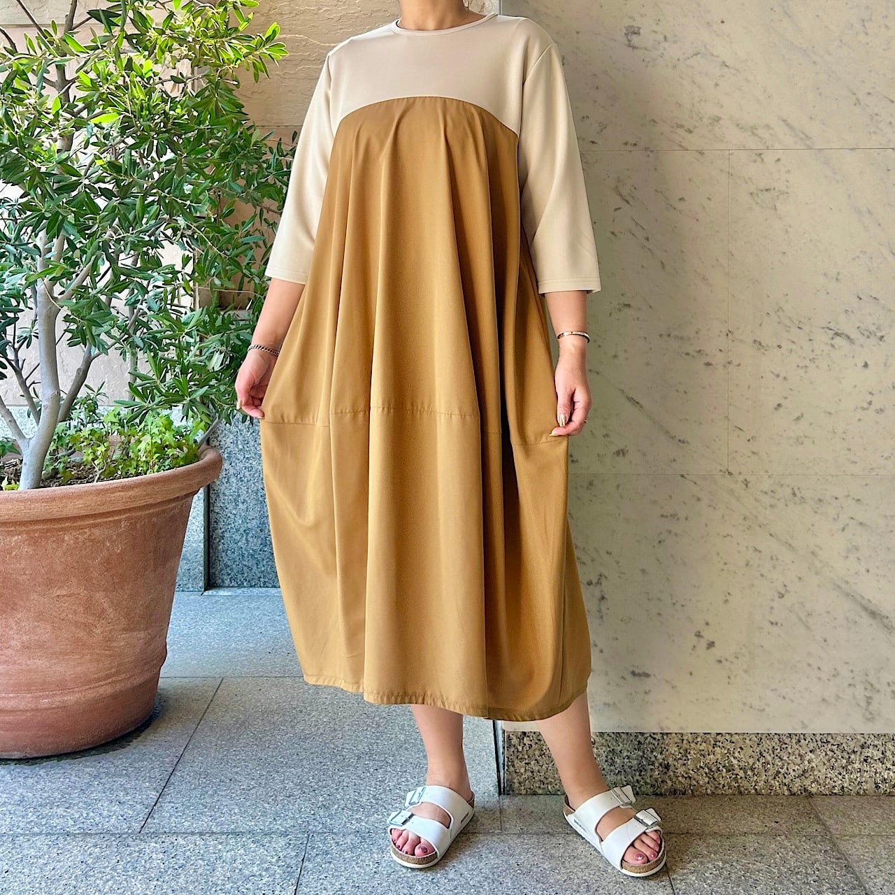 ダンボール×デシン バイカラーコクーンワンピース【245-7114  