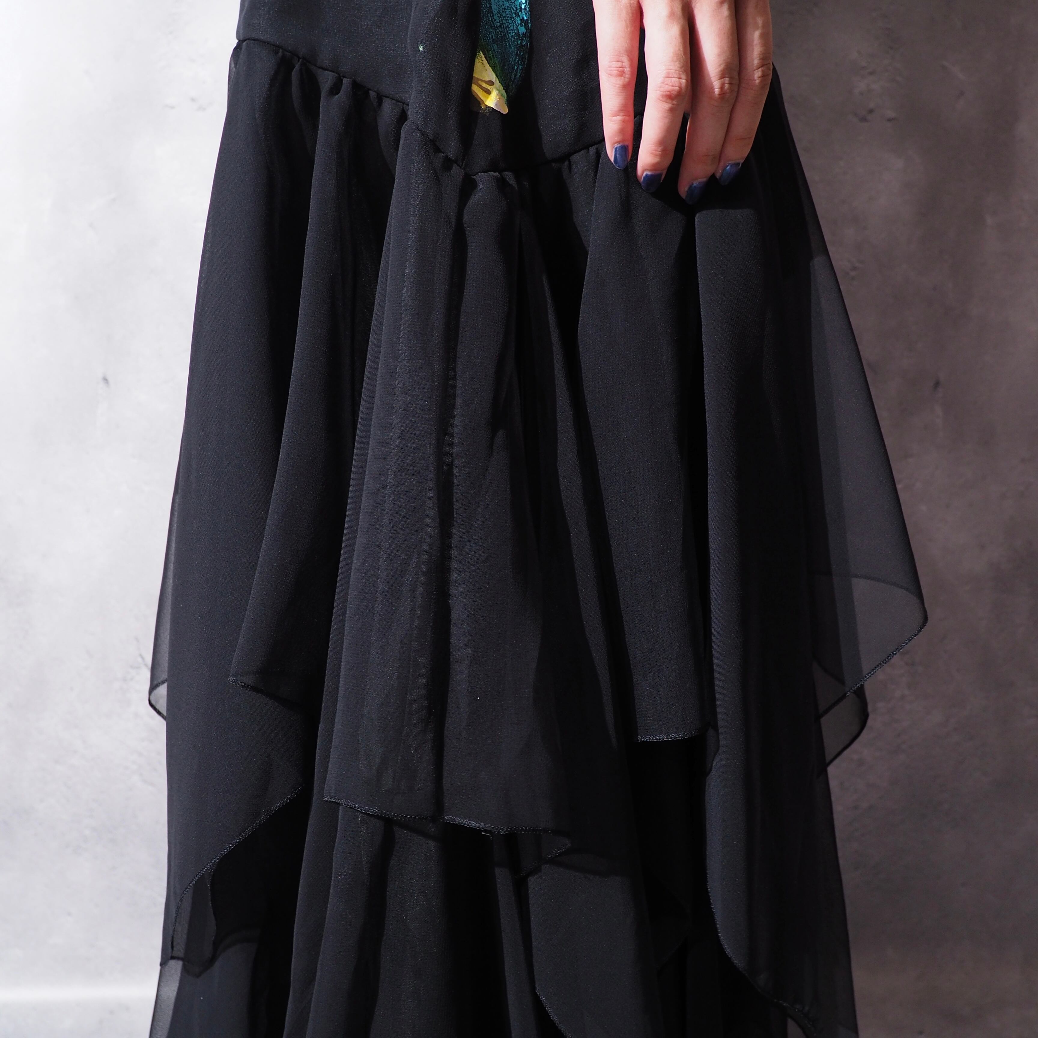 cold flower painted × asymmetry frill vintage onepiece dress