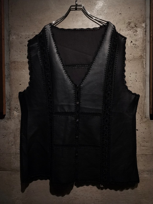 【Caka】Crochet Patchwork Design Vintage Loose Faux Leather Vest