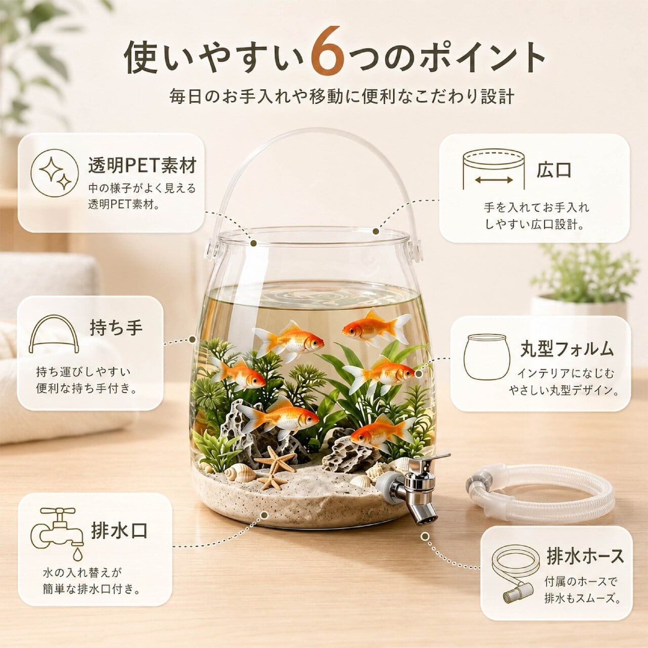 B63.排水口付き 卓上アクアリウム 水槽 小型水槽 透明 PET クリア 3.2L