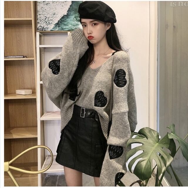 萌袖 ハート柄ゆったりニット 萌え袖 盛り袖 キュート 可愛い ラブリー