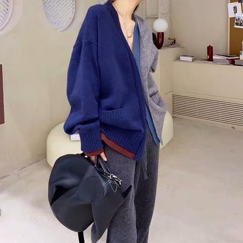 アシンメトリーカラーカーディガン】ツートーン Vネック ニット