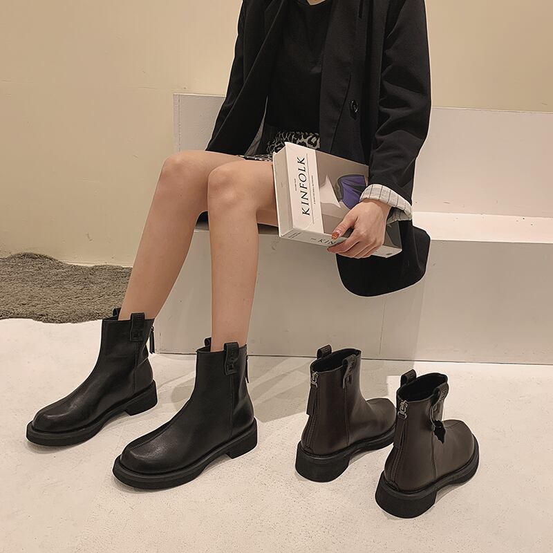 ショートブーツレッドカジュアルジッパーブラック 靴 シューズ ラウンドトー フェイクシューズ55749721497