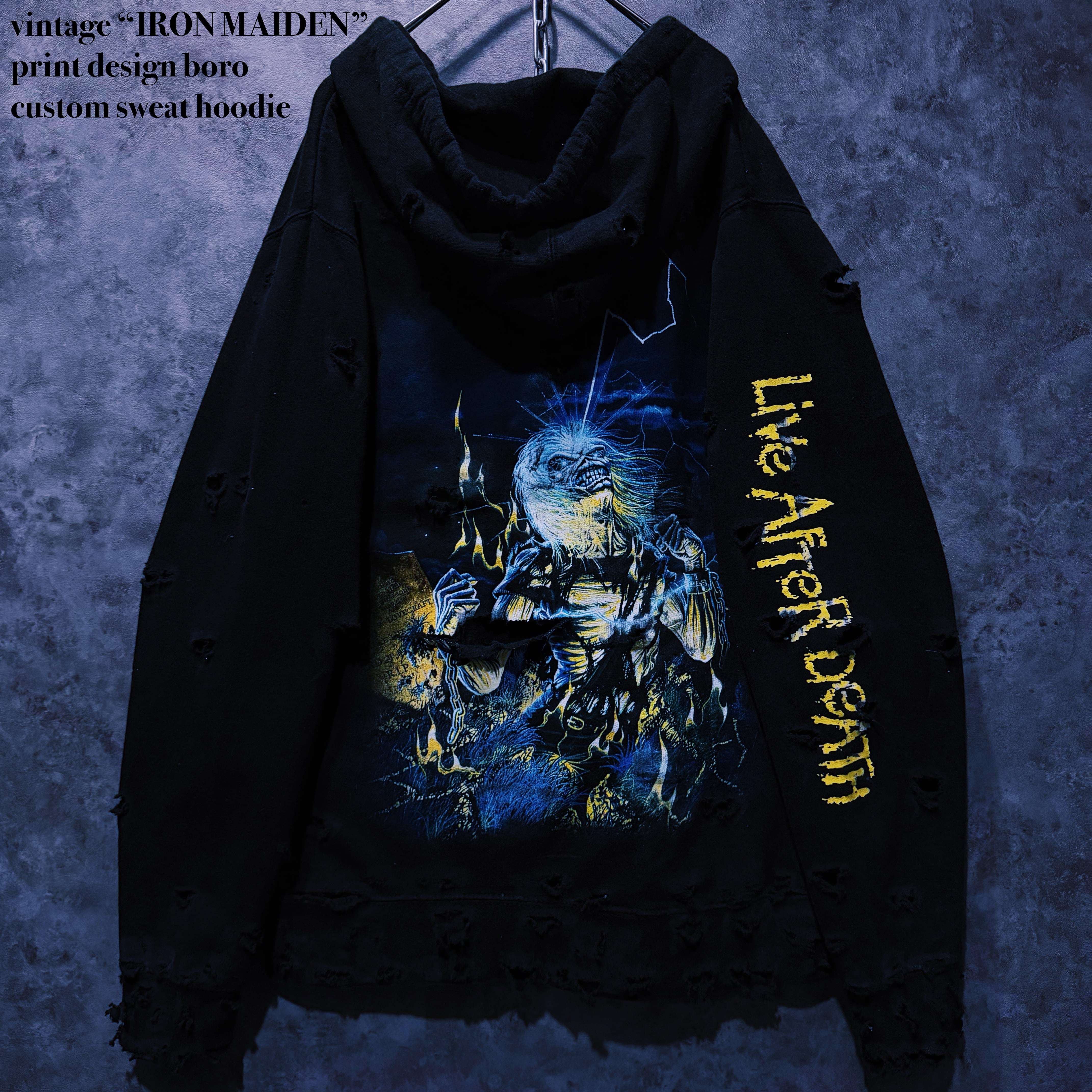 【 doppio】vintage “IRON MAIDEN” print design boro custom sweat hoodie