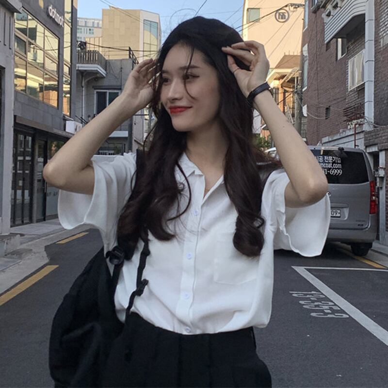 2020年夏新入生スリムラペル半袖シャツレディースホワイトルーズスリムオールマッチシャツ 1号婦人85481314341