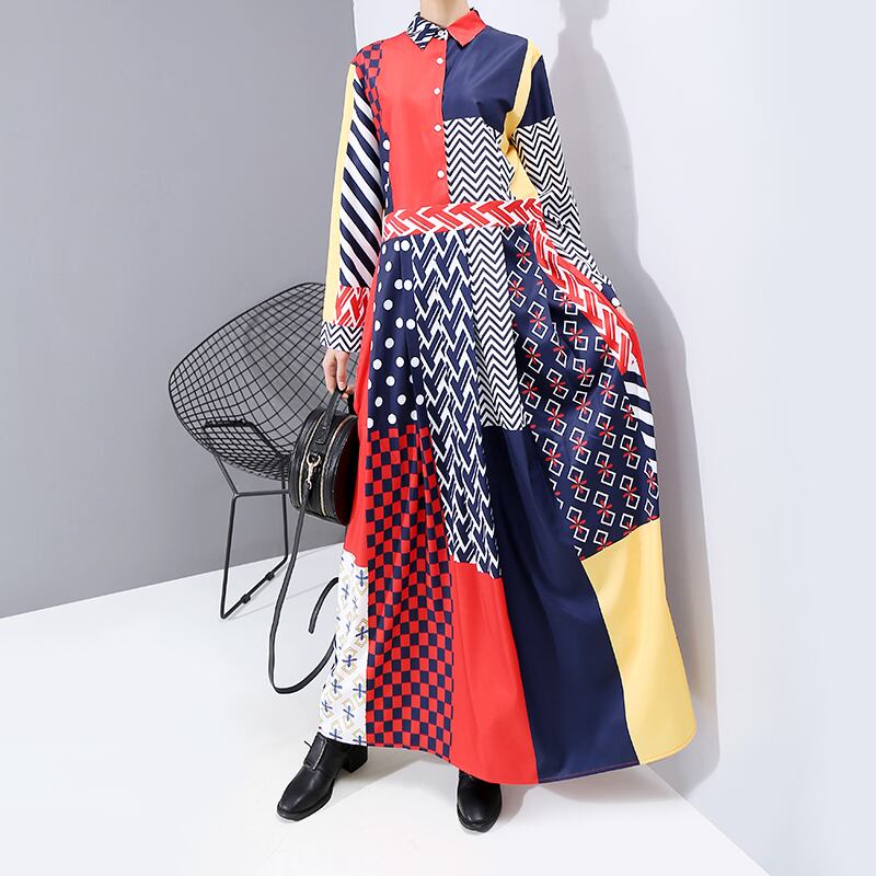 ワンピース 幾何学ワンピース 幾何学プリント 幾何学模様ワンピース オールドスタイル ロングワンピース シック レトロワンピース レトロ 奇抜 個性的 Ukiukionepicec