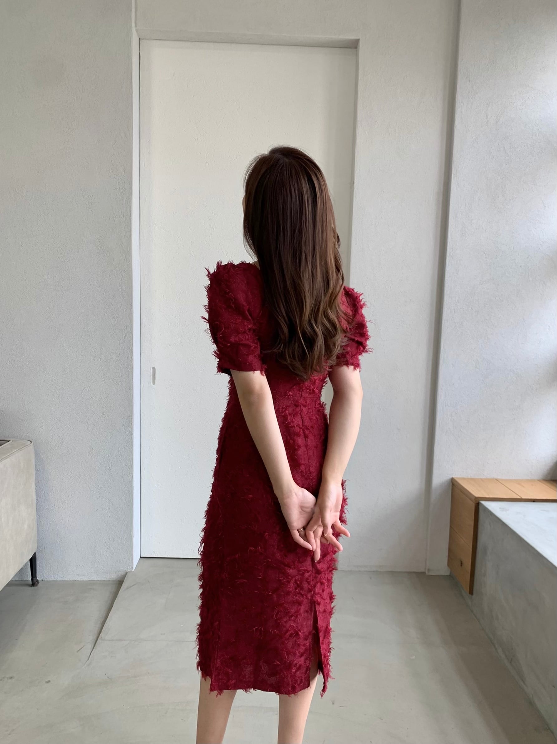 フリンジジャガード パフスリーブワンピース RED | on off focus