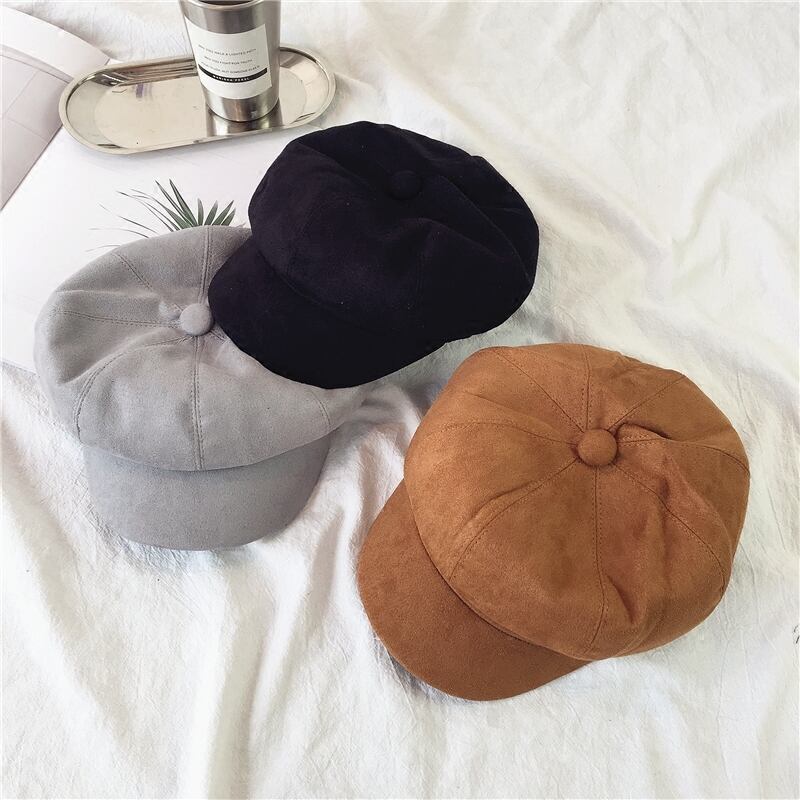 ベレー帽女性秋冬スエード八角形帽子男性英国画家帽子レディースバージョン無地キャップ ブラック・アイド・ピーズ88455423520