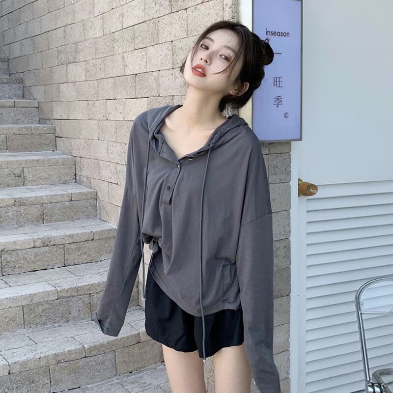 フードTシャツ スプリングオータム薄手ルーズ ロング 春物 秋物 試着室14801744370