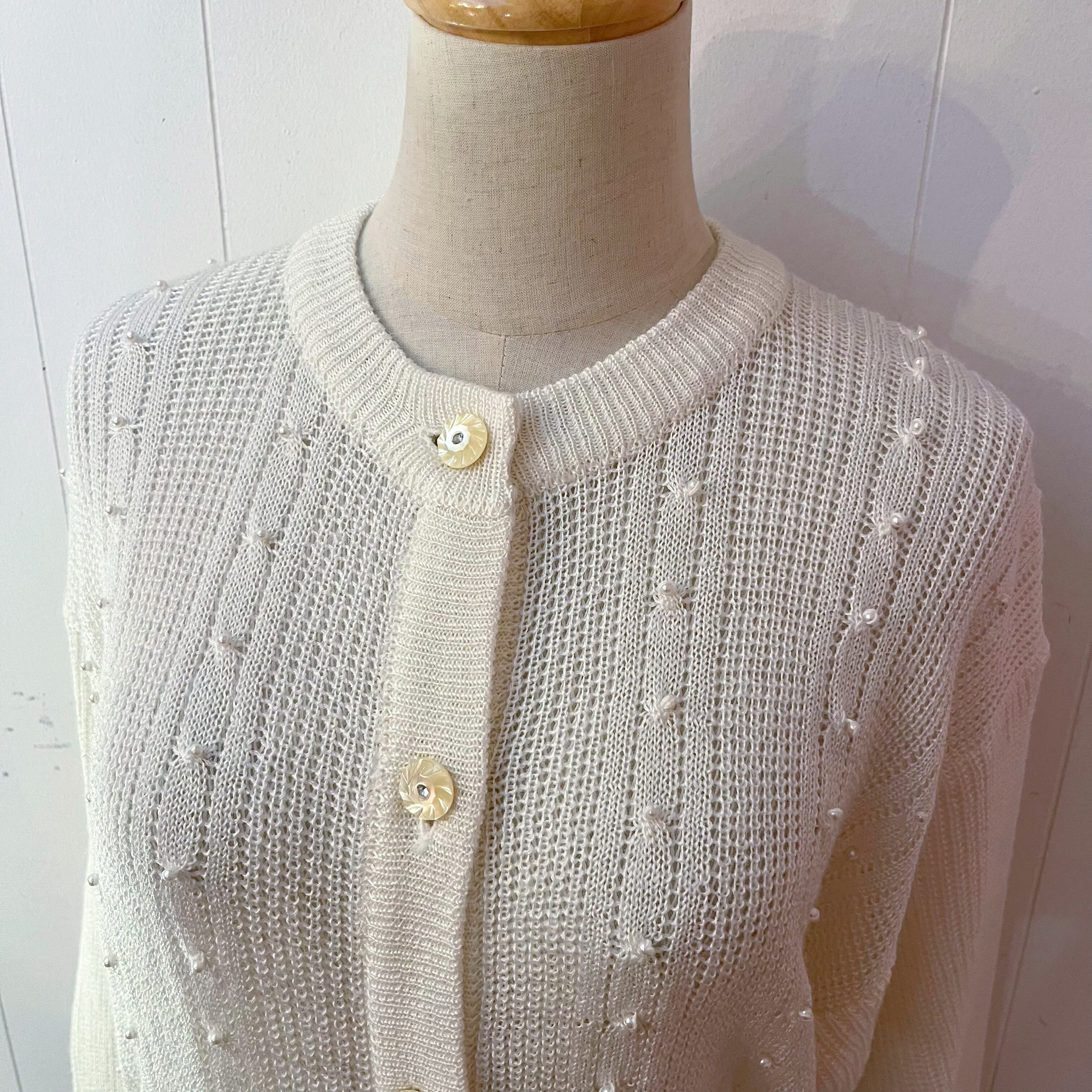 mini pearl beads white knit cardigan