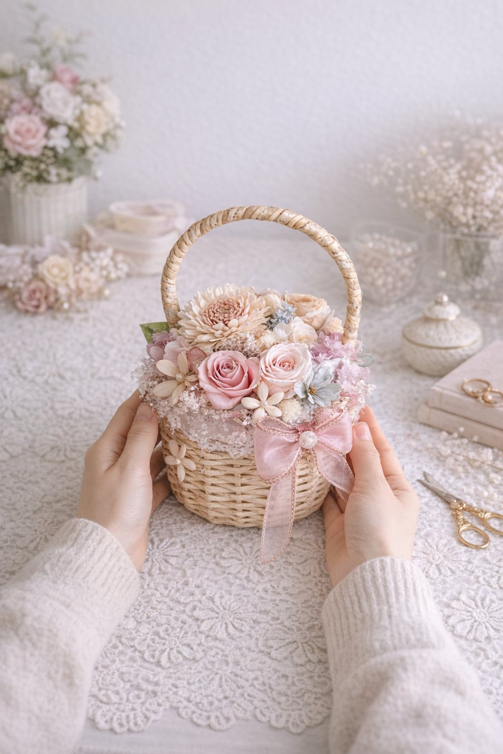 ピンクの花かごバスケット【BA-001】高さ20㎝│やさしいパステル｜インテリアフラワー｜ギフト｜母の日プレゼント