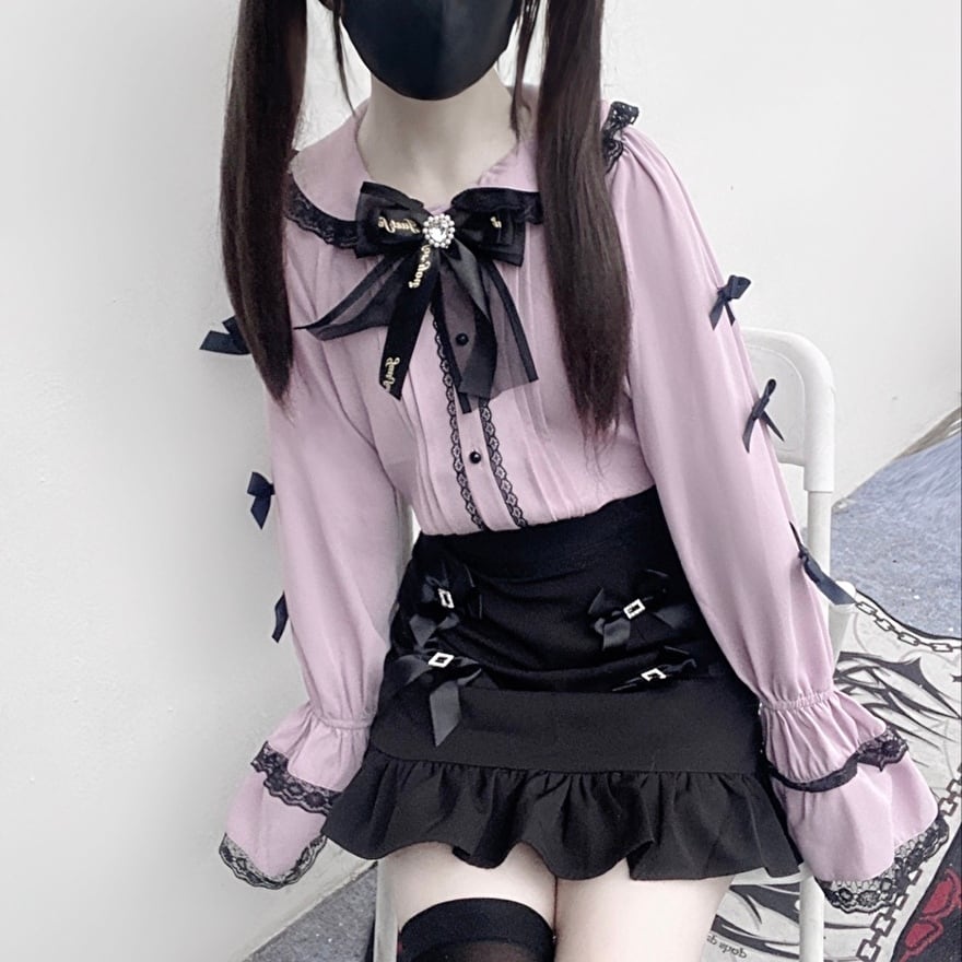 サブカル 服 地雷系 通販 ブラウス プリーツ ネックリボン 袖コン 闇かわいい JKスタイル 地下アイドル