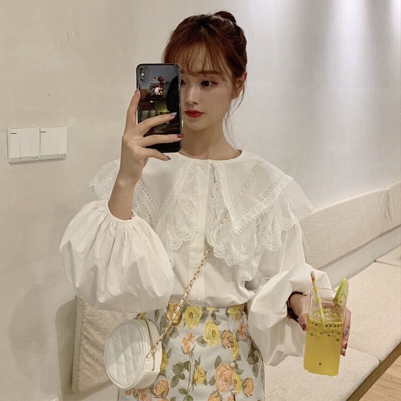 インズドールシャツトップドールカラー学生シャツ女性春秋長袖レースホワイトパフスリーブシャツのバージョン 萌量不足95832063462