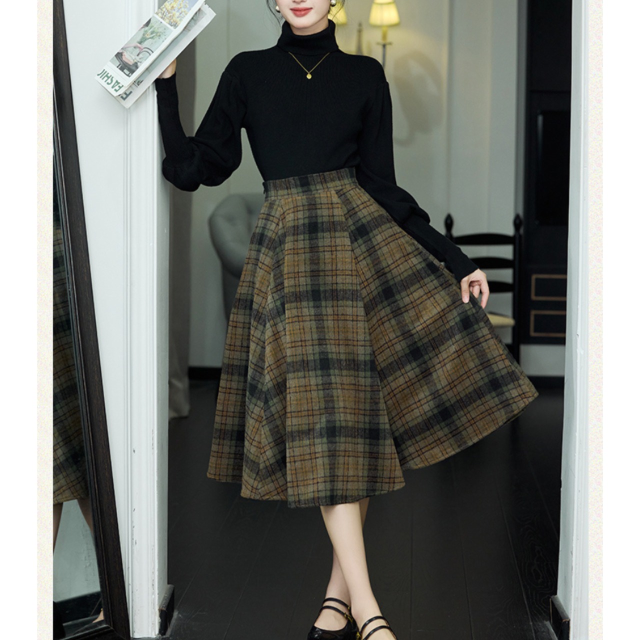 レトロチェックスカートとブラックニットのセットアップ W01405