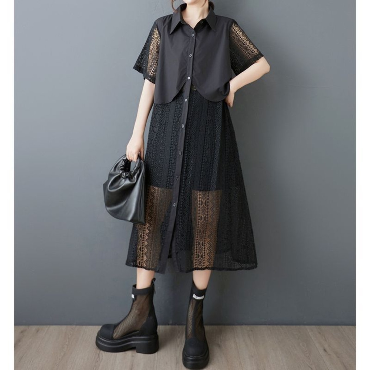 レイヤード風 シースルー シャツワンピース 30159