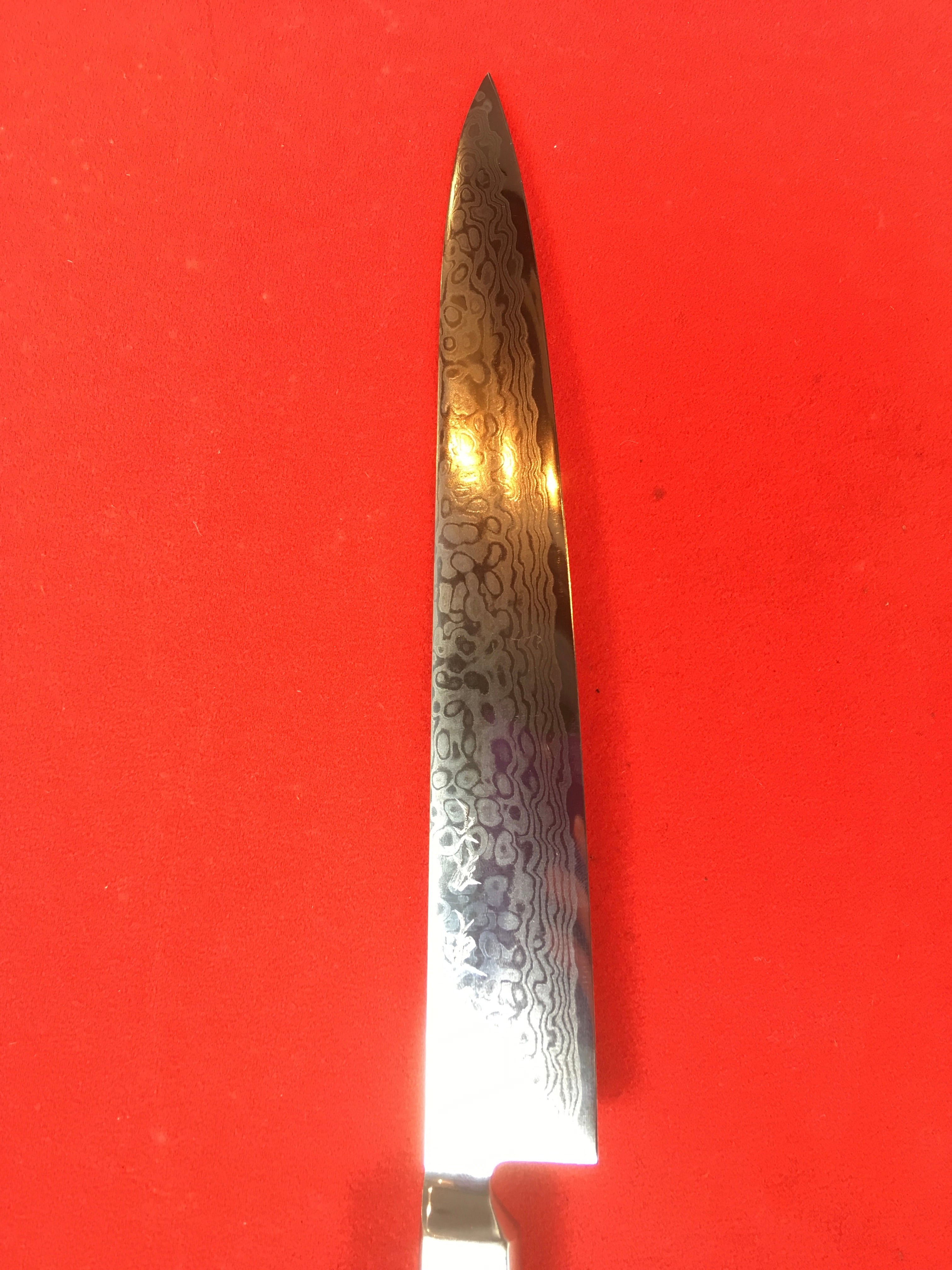 【1円スタート 新品 送料無料 土佐打刃物】皮剥 ダマスカス仕様 土佐壺屋製 三徳万能包丁 赤柄 土佐十二衣鍛造（ダマスカス仕様） | Pay ID