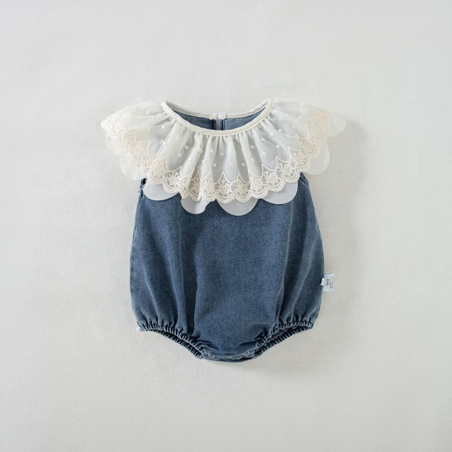 【BABY】レースフリルカラーノースリーブデニムロンパース - 10