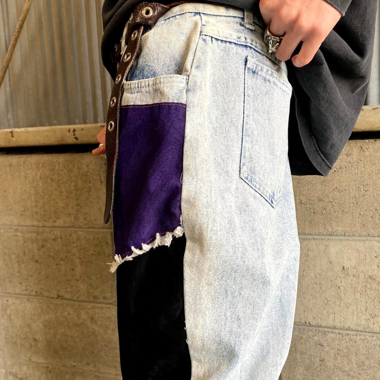 90年代 STEFANO テーパード マルチレザー デザインデニムパンツ メンズ