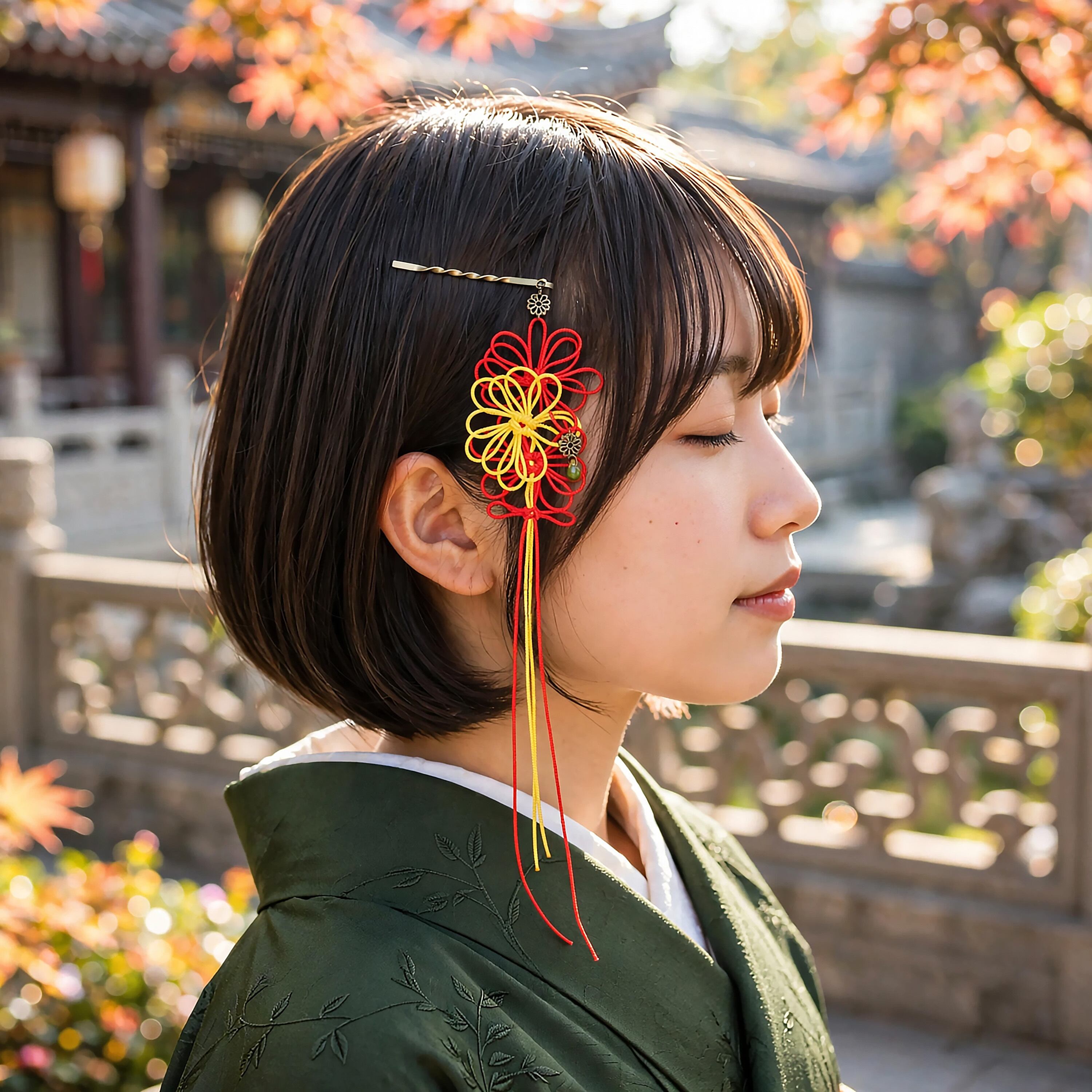 飾り結びヘアピン「香の詩、千々に」(黄×朱)【軽量快適】ショートヘアも簡単和風アレンジ。