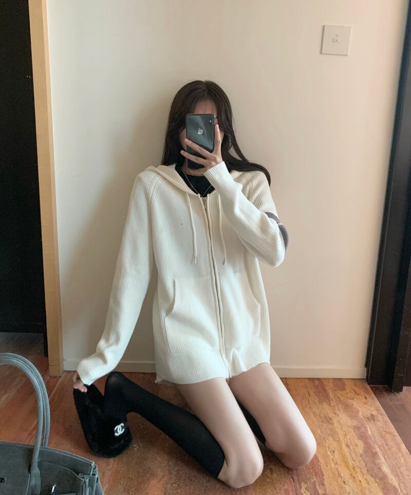 ジッパーフードセーター ルーズニットカーディガンジャケット レディース ビッグFスモールZ韓国87955948640