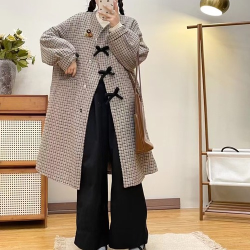 2色/3連リボンチェック柄ロングコート ・12513