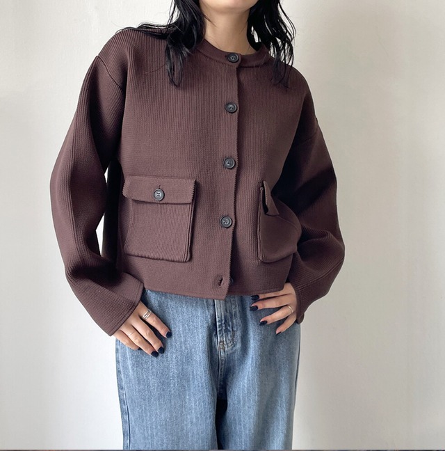 ナンバーミーTOKYO" CONTRAST BUTTON CREW KNECK CARDIGAN"BROWN