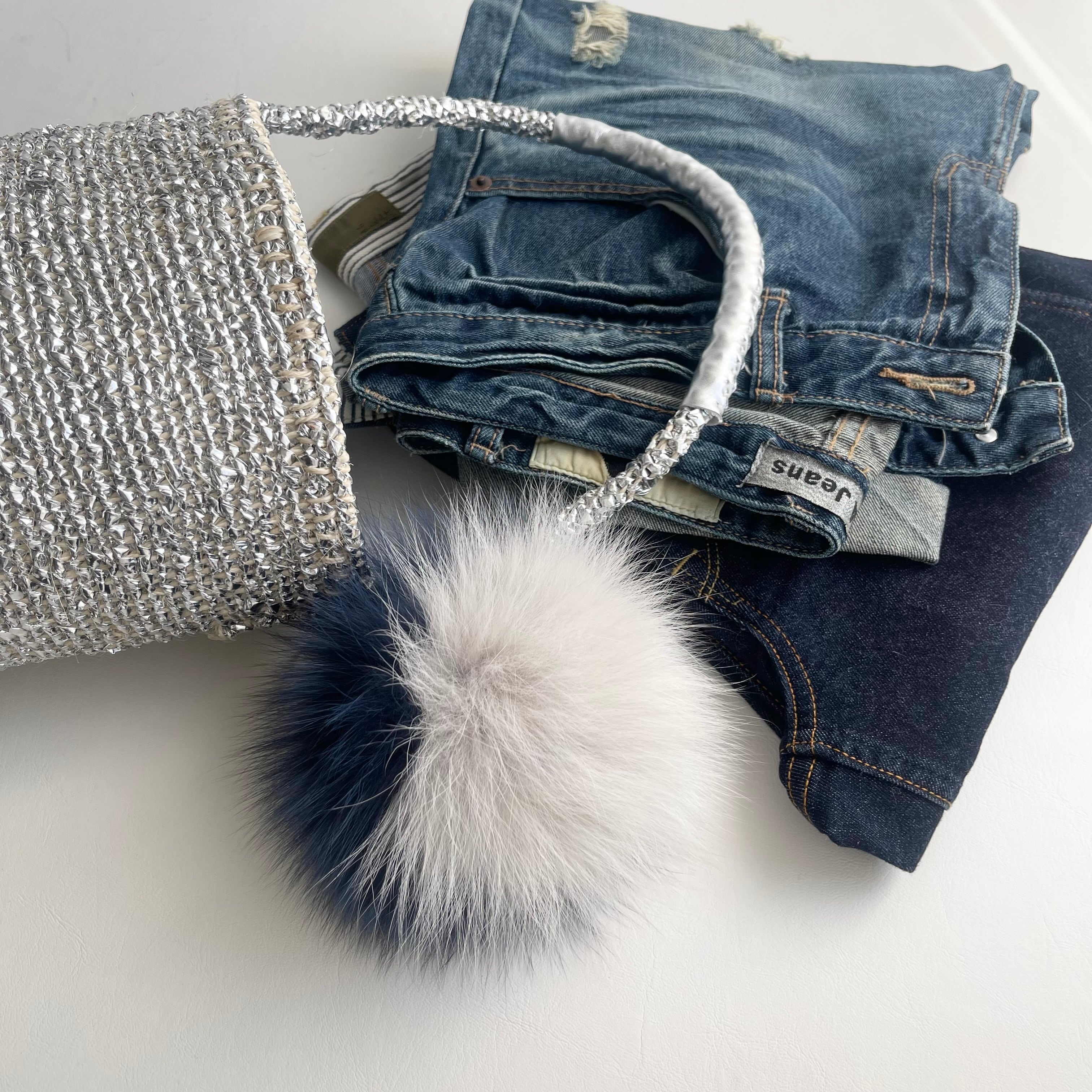 OVAL Kago Bag / Handle Silver / BIG FUR NAVY / ショルダー カゴバッグ