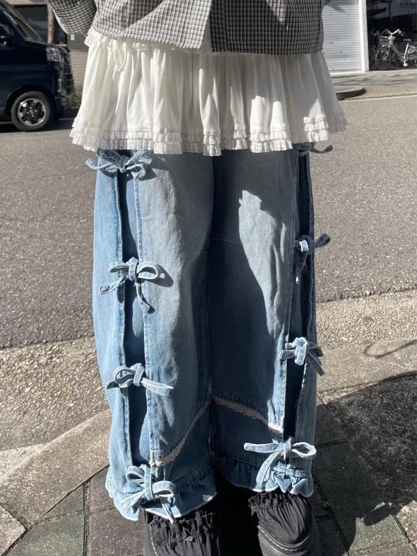 受注】Center lace ribbon denim pants （センターレースリボンデニム