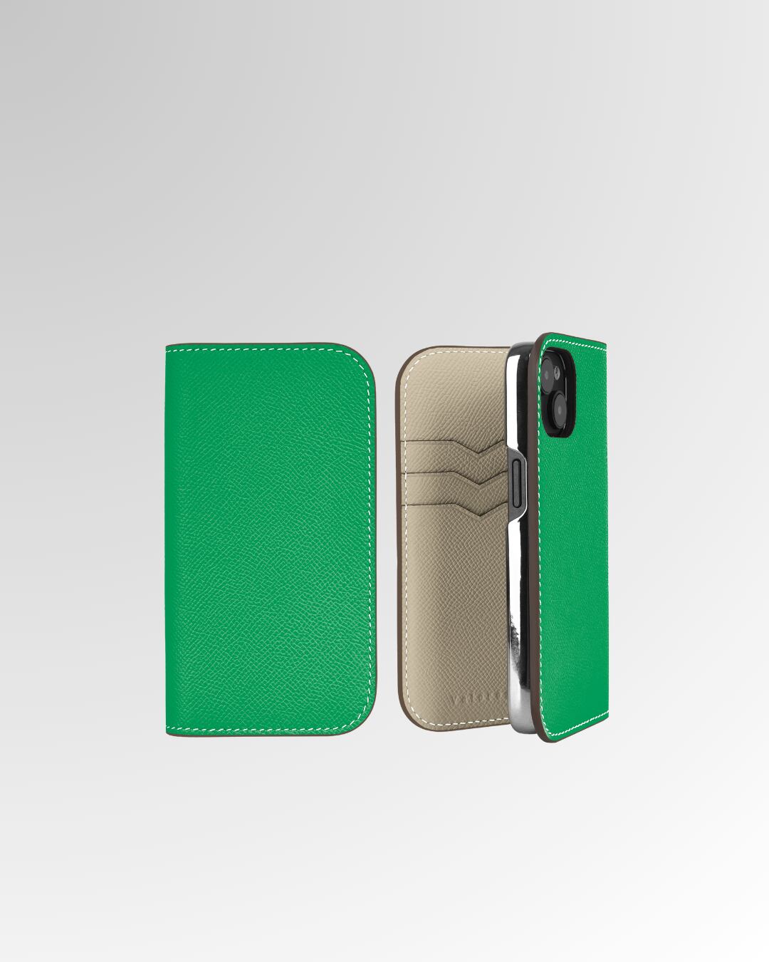 【iPhone15シリーズ】手帳型ケース エプソン グリーン×エクルベージュ