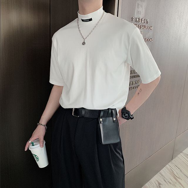 【予約販売】ハイネックシャツ 半袖 メンズ 無地 Tシャツ ブラック ホワイト グリーン カジュアル シンプル こなれ感 お洒落 韓国 トレンド 春 夏 秋 M/L/XL/2XL/3XL