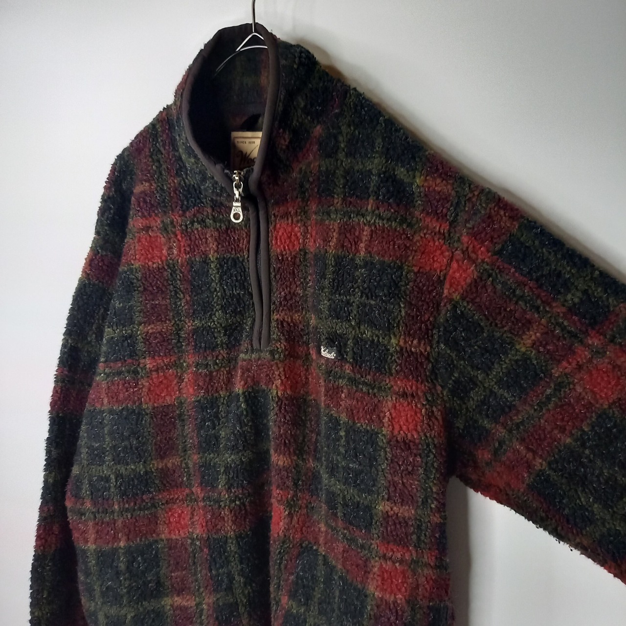 90s　アメリカ製　ハーフジップ　ボア　フリース　プルオーバー　チェック　L