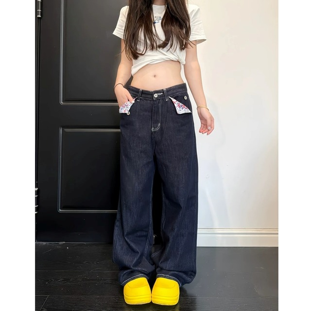 フラワーポケットシンチバックワイドラインデニムパンツ 3col R02590