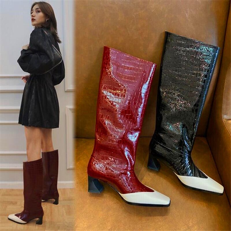【新作】【送料無料】 カラーブロッキングストーンパターンストレンジヒールレディースハイヒールブーツブラックワインレッドシンストレートブーツウィンターブーツ 靴 シューズ 冬物 10b322192458414