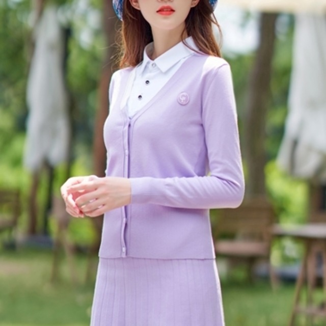 長袖トップス　ニットカーディガン　パープル　セットアップ