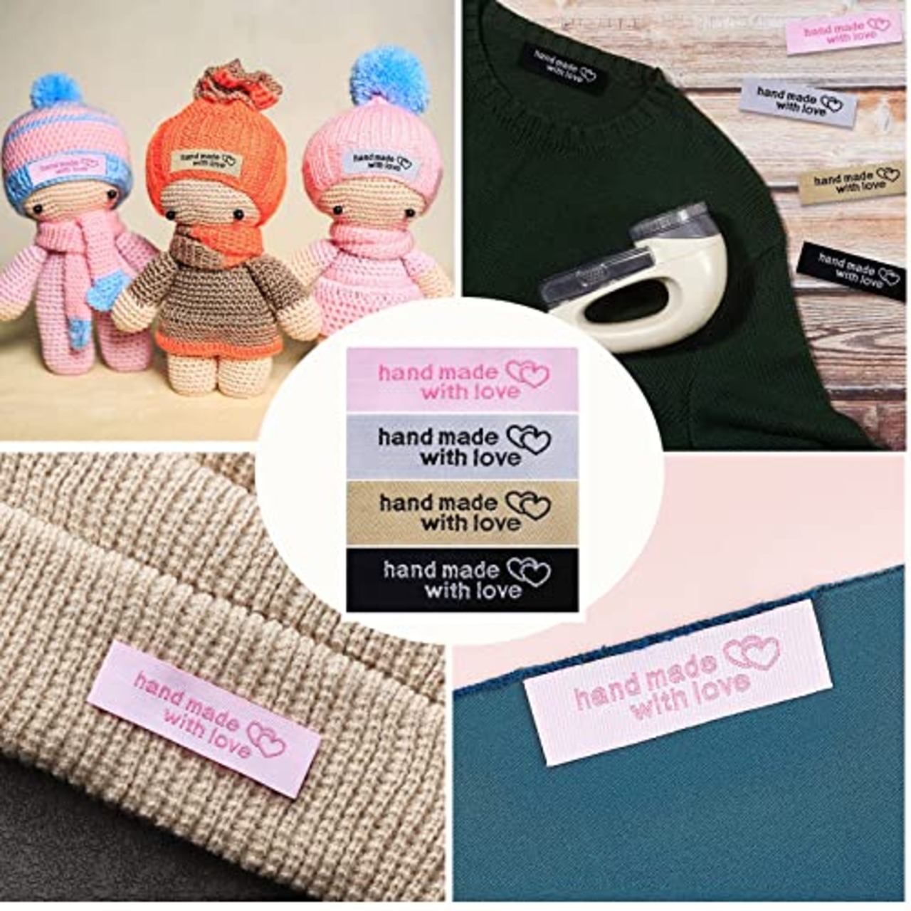 パーソナライズされた縫製ラベル、80個衣類ラベルに愛を込めて手作り、手作りアイテムの手作りインターロッキングハートパターンラベルタグ衣類衣服生地素材刺繍