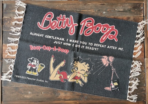 ショートサイズ・コットン フリンジマット◆Betty Boop・ベティ　ブラック◆アメキャラ　玄関　フロアマット　インテリア