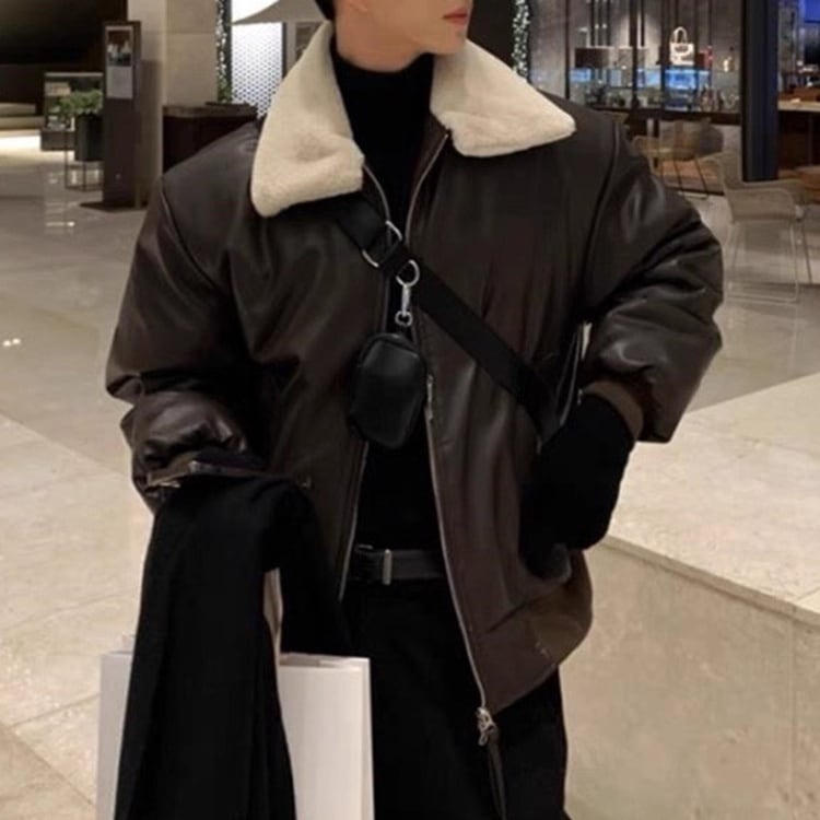 ボア襟フェイクレザージャケット 2color MOJ0258