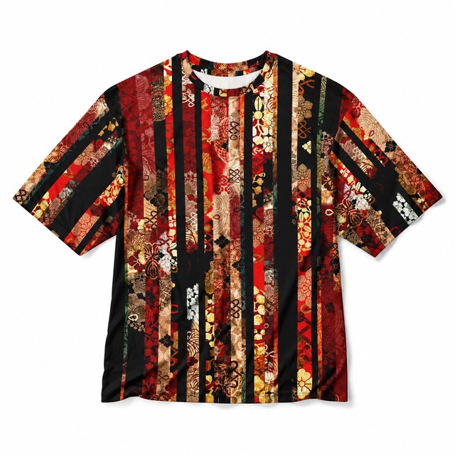 和紋様装飾ストライプ　レッド　和柄ユニセックス 180G Performance Tシャツ