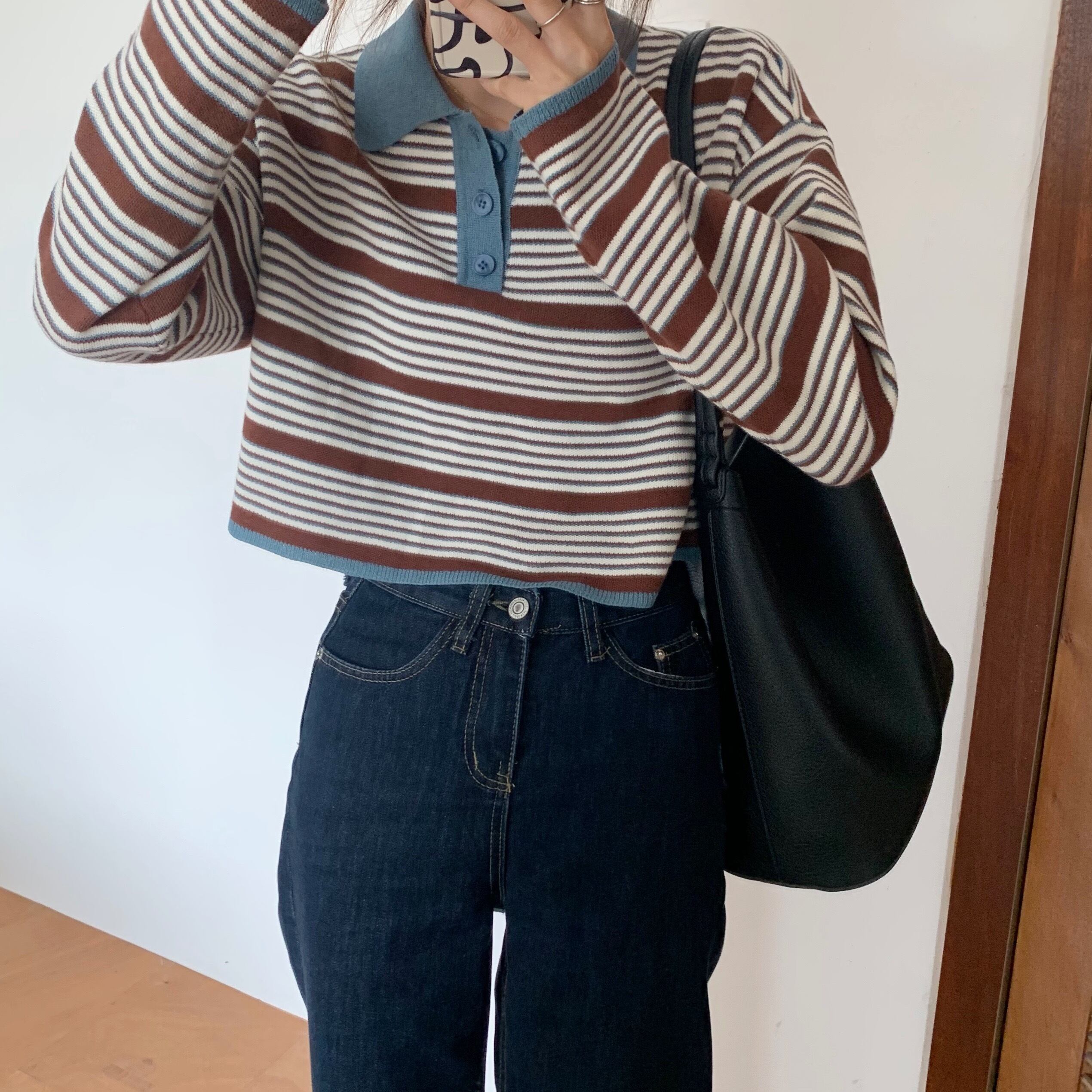 ルーズショートシャツ 長袖スリーブ薄手ストライプニットトップス ロング ビッグFスモールZ韓国42995292368